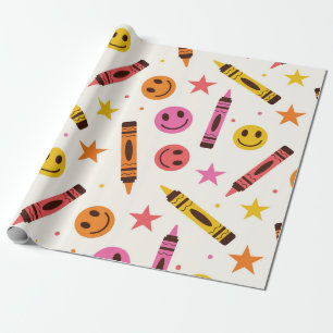Kleurrijke schoolkrijtjes met vrolijke gezichten p cadeaupapier