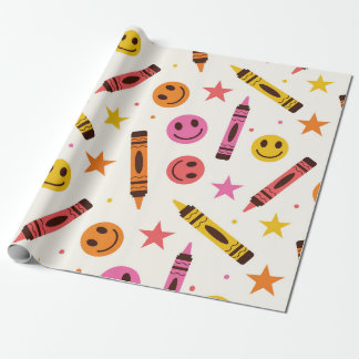 Kleurrijke schoolkrijtjes met vrolijke gezichten p cadeaupapier