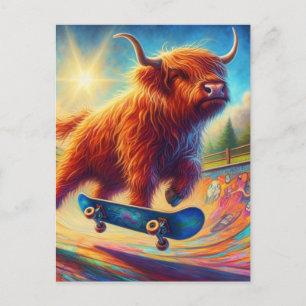 Kleurrijke Schotse Hooglanders Koe Skateboarden Briefkaart