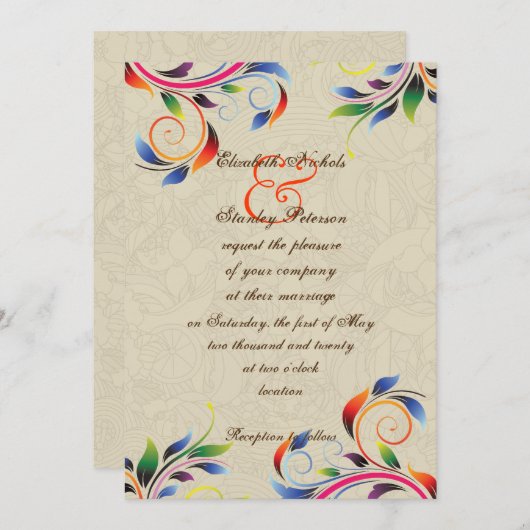 Kleurrijke scroll blad op beige bruiloft uitnodigi kaart (Voorkant / Achterkant)