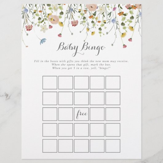 Kleurrijke sierlijke wilde bloem Baby bingo douche (Voorkant)