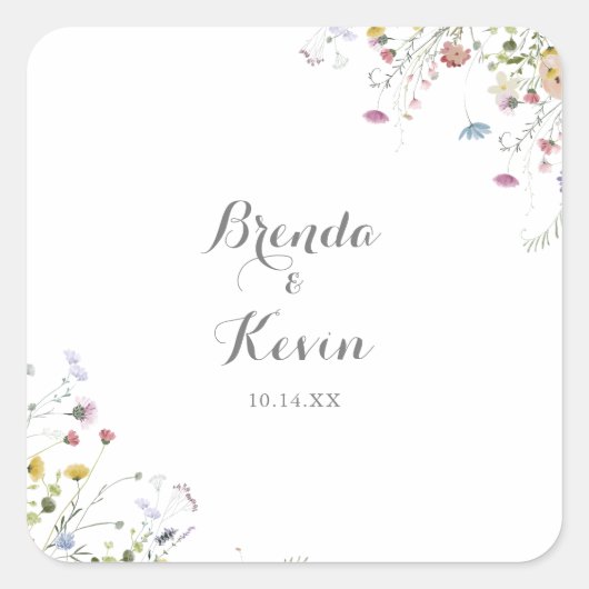 Kleurrijke sierlijke wilde bloem bruiloft envelop vierkante sticker (Voorkant)