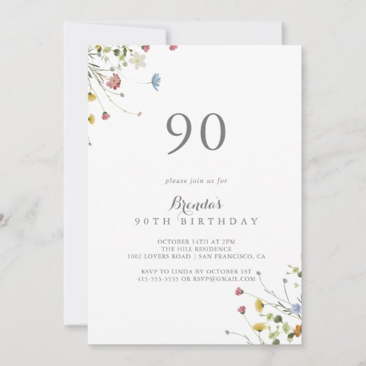 Kleurrijke sierlijke wilde bloemen 90ste verjaarda kaart (Voorkant)