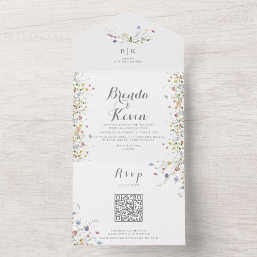 Kleurrijke sierlijke wilde bloemen bruiloft all in one uitnodiging (Binnen)