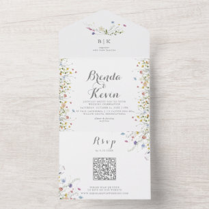 Kleurrijke sierlijke wilde bloemen bruiloft all in one uitnodiging