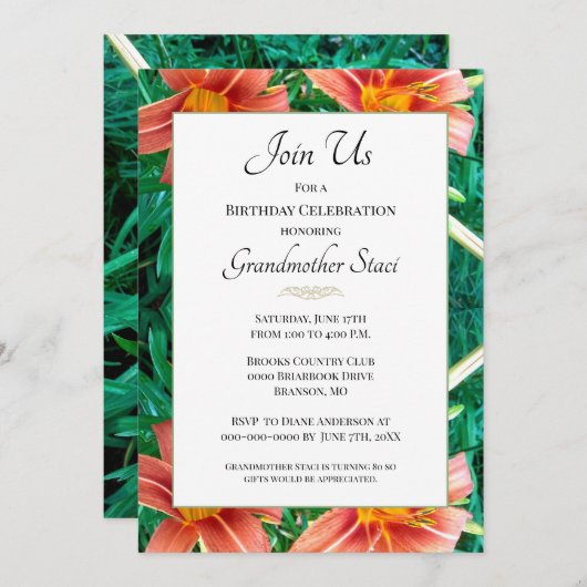 Kleurrijke Sinaasappel Lilly Grootmoeder Verjaarda Kaart (Voorkant / Achterkant)