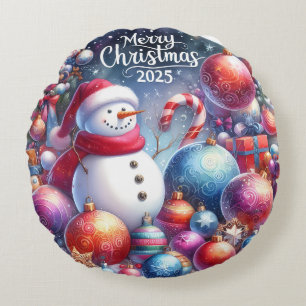 Kleurrijke Sneeuwman & Ornamenten Kerstkussen Rond Kussen