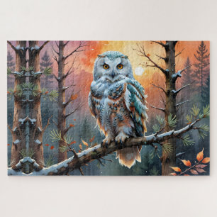 Kleurrijke sneeuwuil in herfstbos legpuzzel