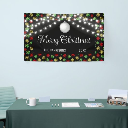 Kleurrijke Snowflake String Lights Black Christmas Spandoek (Beurs)