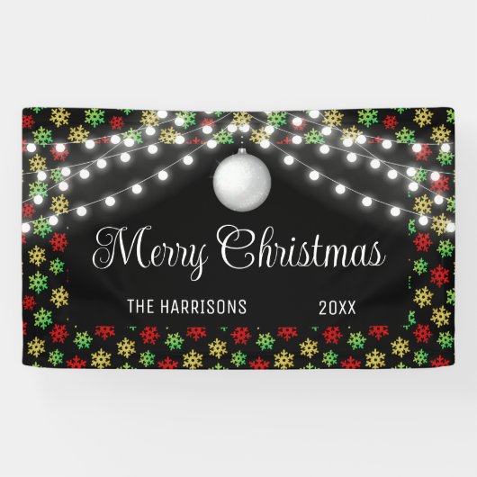 Kleurrijke Snowflake String Lights Black Christmas Spandoek (Horizontaal)