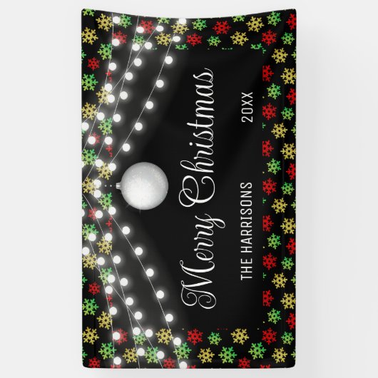 Kleurrijke Snowflake String Lights Black Christmas Spandoek (Verticaal)