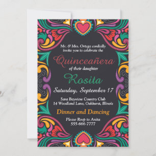 Kleurrijke Spaanse rand Quinceanera uitnodiging