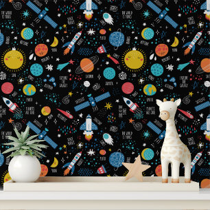 Kleurrijke Space Rockets Galaxy Modern Kinder Patt Behang