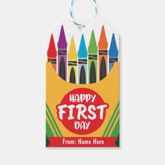 Kleurrijke speelse Crayola kleur Eerste dag van de Cadeaulabel (Voorkant)