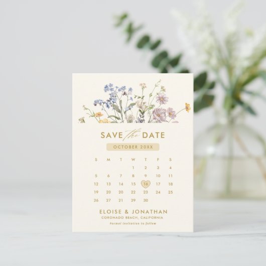 Kleurrijke Spring Wildflower Gold Save the Date Briefkaart (Staand voorkant)