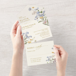 Kleurrijke Spring Wildflower Meadow Gold Wedding All In One Uitnodiging