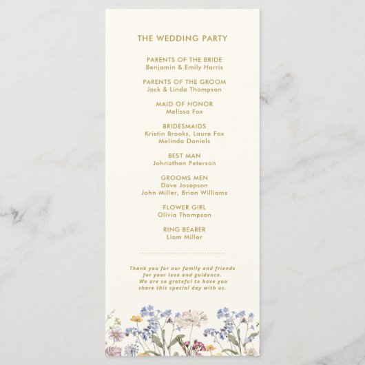 Kleurrijke Spring Wildflower Meadow Gold Wedding Programma (Achterkant)