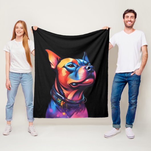 Kleurrijke Staffy Bull Terrier Cyberpunk Design, Fleece Deken (In situ)