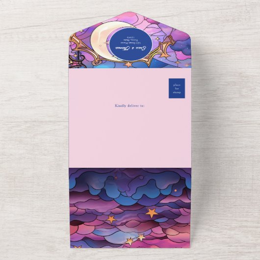 Kleurrijke sterren en maan bruiloft all in one uitnodiging (Buitenkant)