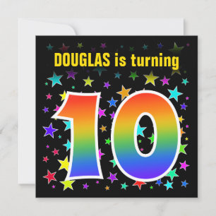 Kleurrijke sterren + regenboogpatroon "10" Verjaar Kaart