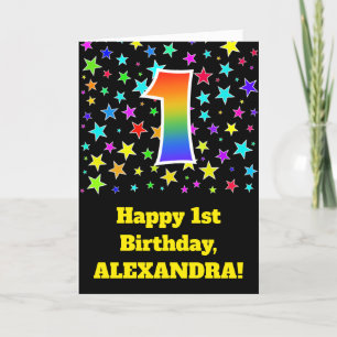 Kleurrijke sterren + regenboogpatroon "1" Verjaard Kaart