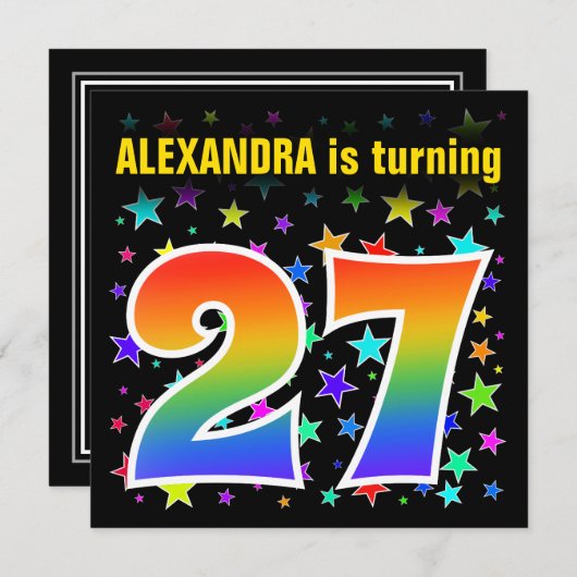Kleurrijke sterren + regenboogpatroon "27" Verjaar Kaart (Voorkant / Achterkant)