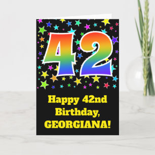 Kleurrijke sterren + regenboogpatroon "42" Verjaar Kaart