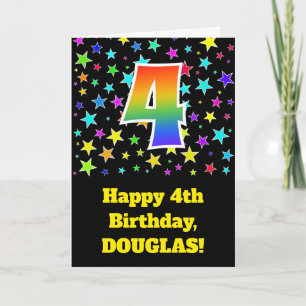 Kleurrijke sterren + regenboogpatroon "4" Verjaard Kaart