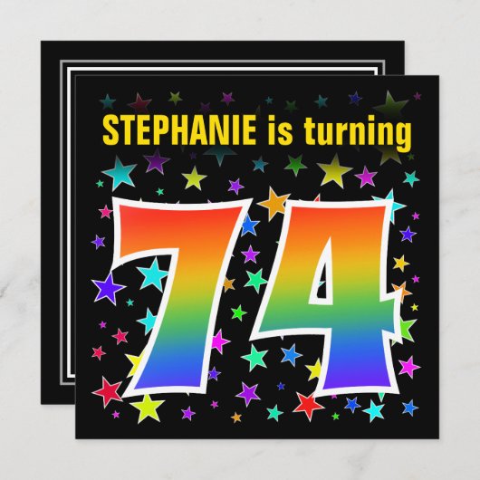 Kleurrijke sterren + regenboogpatroon "74" Verjaar Kaart (Voorkant / Achterkant)