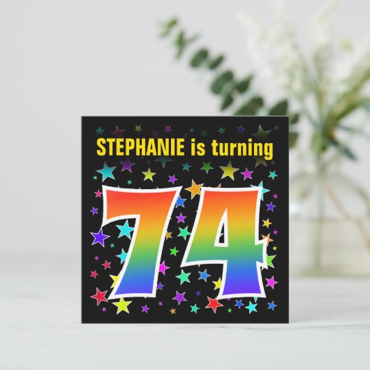 Kleurrijke sterren + regenboogpatroon "74" Verjaar Kaart (Staand voorkant)
