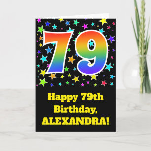 Kleurrijke sterren + regenboogpatroon "79" Verjaar Kaart