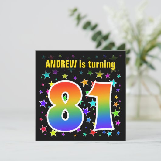 Kleurrijke sterren + regenboogpatroon "81" Verjaar Kaart (Staand voorkant)