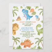 Kleurrijke Stomp Chomp Feest Dinosaur 1e Verjaarda Kaart (Voorkant)