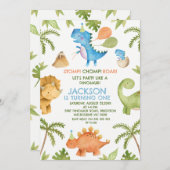 Kleurrijke Stomp Chomp Feest Dinosaur 1e Verjaarda Kaart (Voorkant / Achterkant)