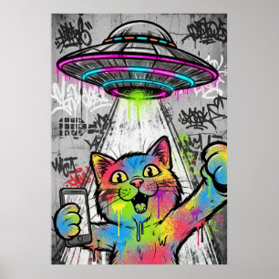 Kleurrijke Straatkunst Kat met UFO Graffiti Poster
