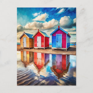 Kleurrijke Strandhuisjes Oceaanreflectie Kust Briefkaart