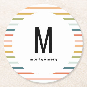 Kleurrijke strepen monogram cocktail ronde kartonnen onderzetter