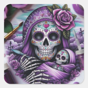 Kleurrijke Sugar Skull Mama en Baby Vierkante Sticker
