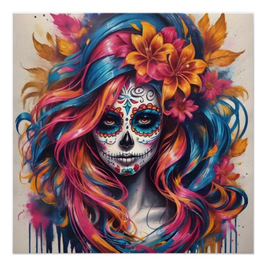 Kleurrijke Sugar Skull no ca Glossy Poster Perfect Poster (Voorkant)