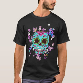 Kleurrijke Suikerschedel met Bloemen en Vlinders T-shirt