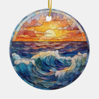 KLEURRIJKE SUNSET OCEAN WAVES GLAS IN LOOD LOOK KERAMISCH ORNAMENT