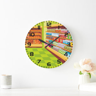Kleurrijke supermarkt gangpad en bakkerij grote klok