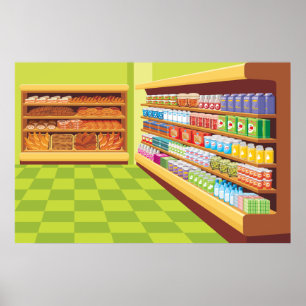 Kleurrijke supermarkt gangpad en bakkerij poster