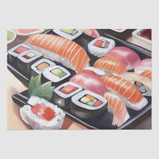 Kleurrijke Sushi op Black Platter Tissuepapier (Voorkant)