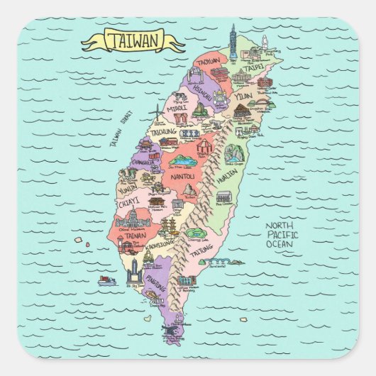 Kleurrijke Taiwan Square Stickers (Voorkant)