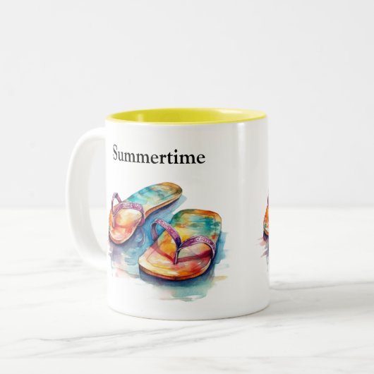 Kleurrijke teenslippers waterverf aanpasbaar tweekleurige koffiemok (Voorkant links)