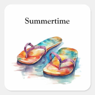 Kleurrijke teenslippers waterverf aanpasbaar vierkante sticker