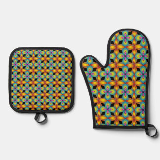 Kleurrijke tegelstijl mandala ovenwant & pannenlap set