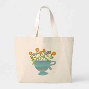 Kleurrijke theekopjes en bloemen grote tote bag