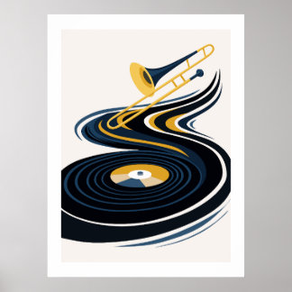 Kleurrijke trombone- en vinylplaatskunst poster